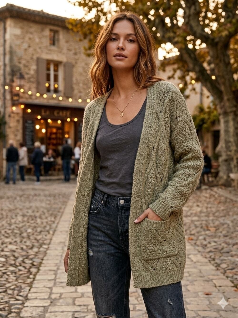 POL Clothing Olive Green Diamond Cable Knit Oversized Cardigan Sweater small